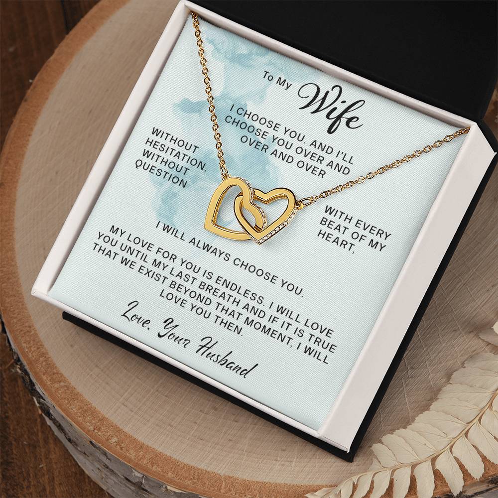 To My Wife- Every Beat Of My Heart- Interlocking Hearts Necklace