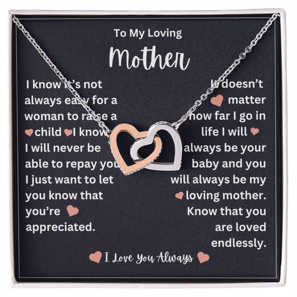 to my mother- you are loved endlessly- interlocking hearts necklace