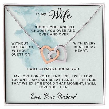 To My Wife- Every Beat Of My Heart- Interlocking Hearts Necklace