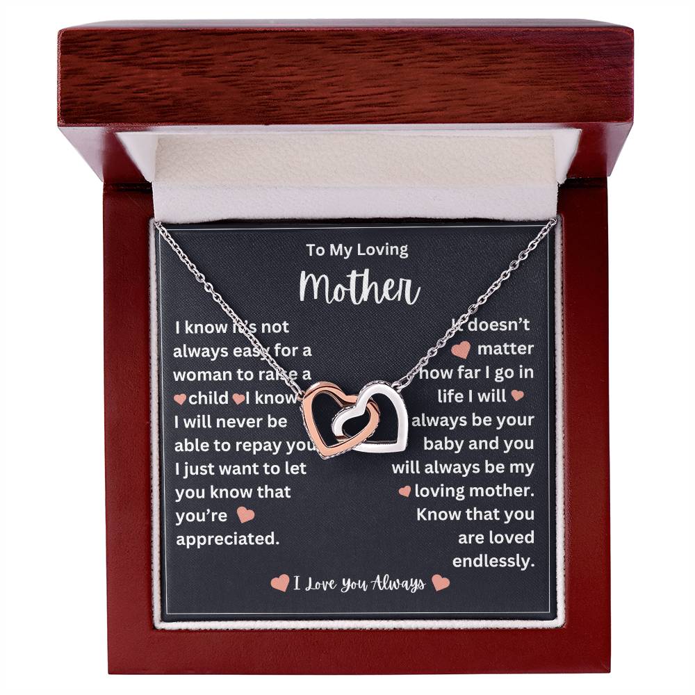 to my mother- you are loved endlessly- interlocking hearts necklace