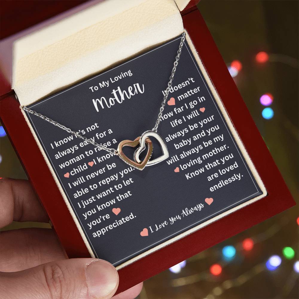 to my mother- you are loved endlessly- interlocking hearts necklace