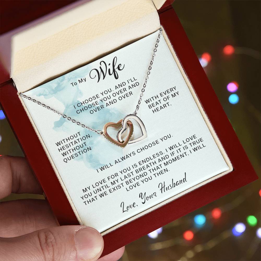 To My Wife- Every Beat Of My Heart- Interlocking Hearts Necklace