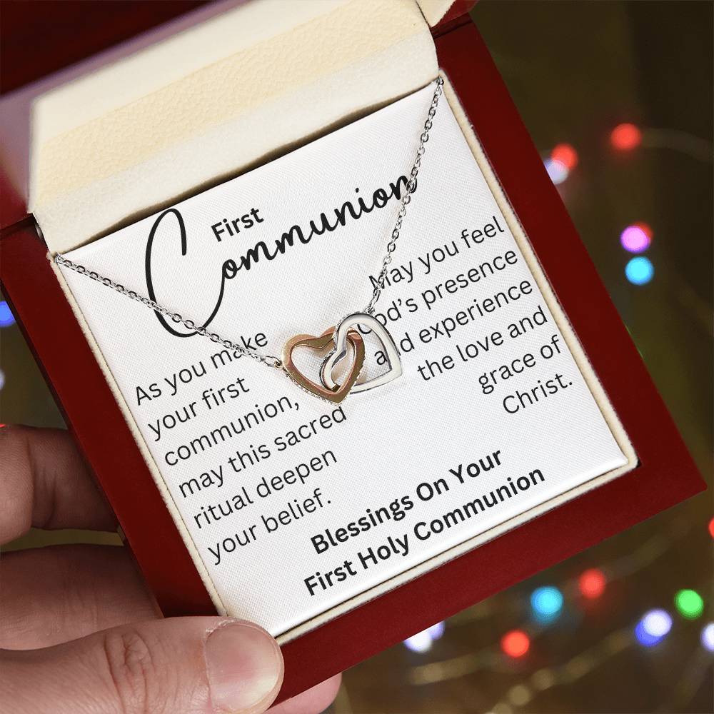 To my girl- blessings on your communion- Interlocking hearts necklace