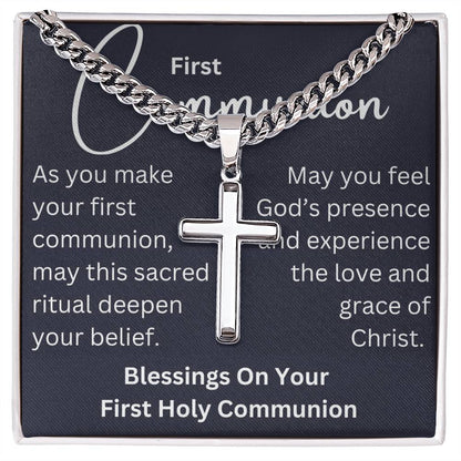 To my boy-  Blessings On Your  First Communion- cross on Cuban chain